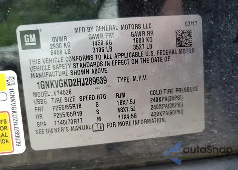 2017 Chevrolet Traverse Lt z USA, uszkodzony, nr VIN 1GNKVGKD2HJ289639